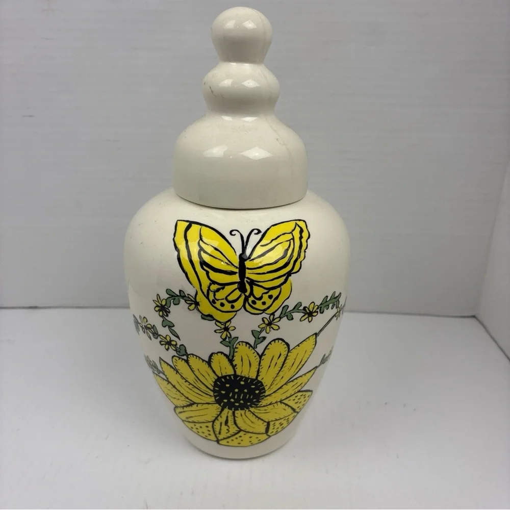 Butterflly Sunflower Ceramic Urn Vase with Lid Off White Yellow Whimsy Crafty